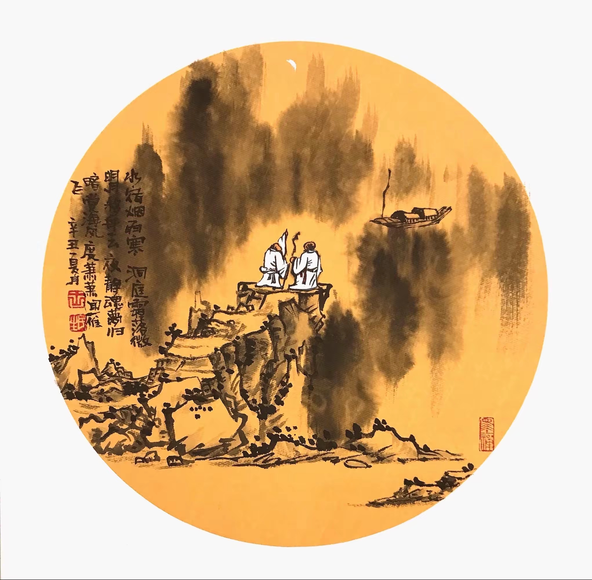 镜面卡纸类多是系列作品，人物，山水、花鸟，选用高级卡纸，有装裱和未装裱都有，目前存量多，50×50厘