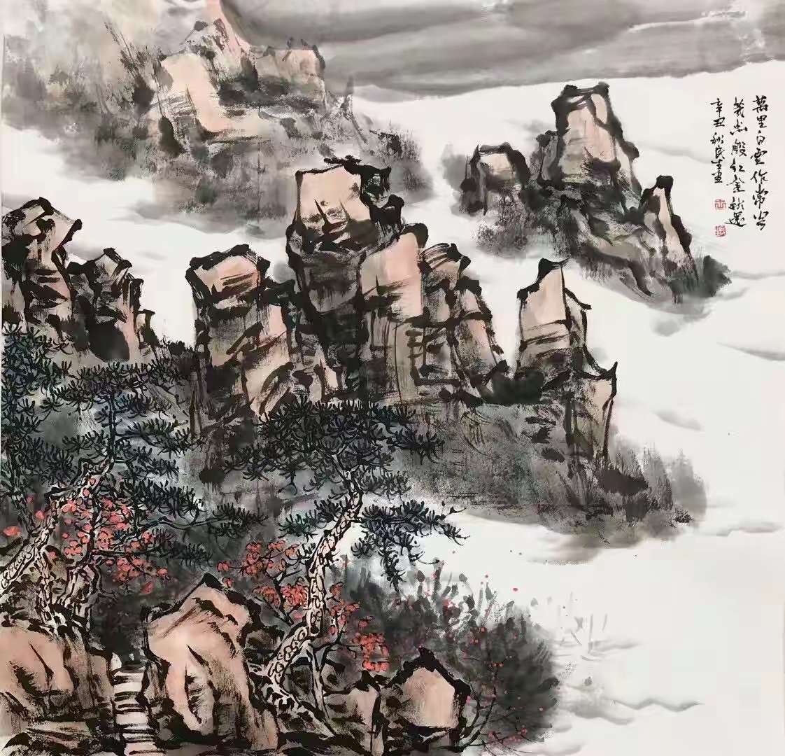 这类山水尺寸为四尺整张，四尺斗方，部分轴裱，纸本设色，纸张全部红星纸，作品风格是这些年走遍大山大水选