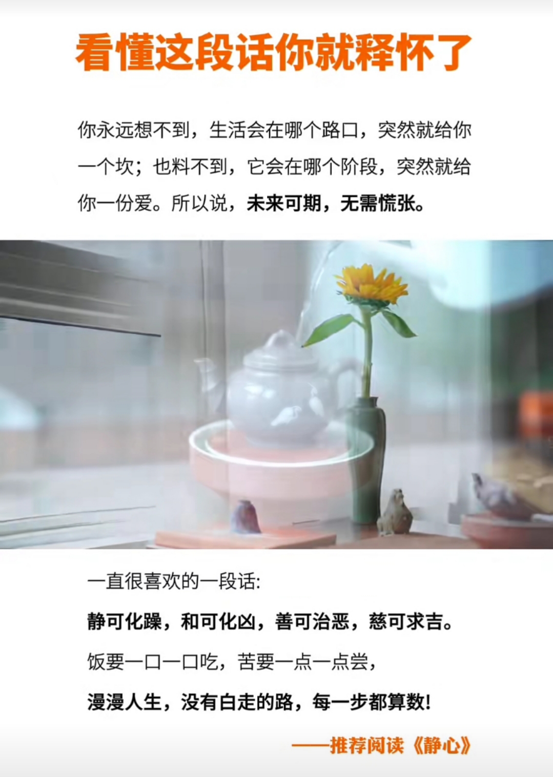 一直很喜欢的一段话:
静可化躁，和可化凶，善可治恶，慈可求吉。
饭要一口一口吃，苦要一点一点尝，
漫