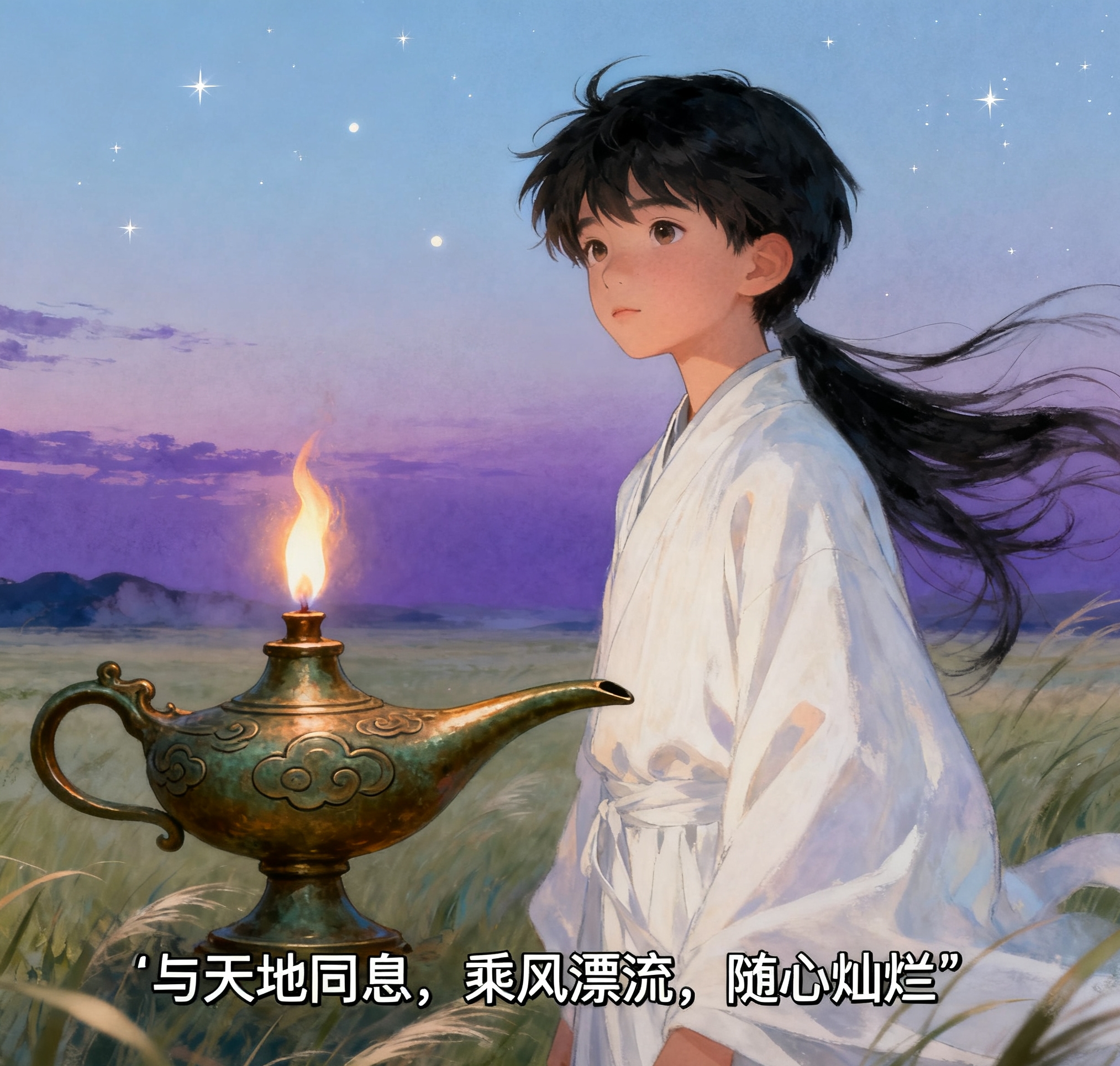 我熄灭这灯，
与天地同息 ；
乘风漂流， 
随心灿烂