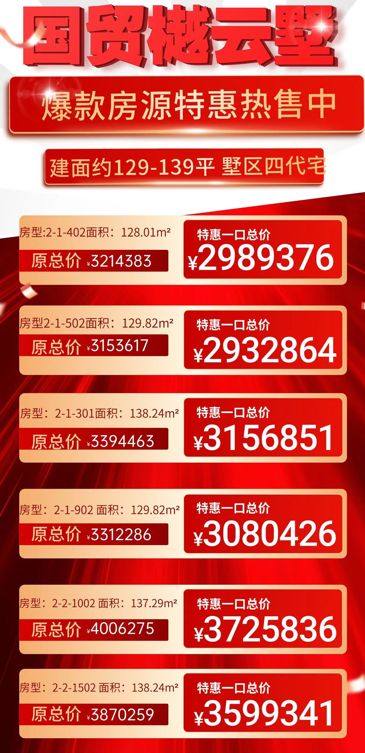 #国贸樾云墅 岛外最高端
💯129-139m²精装四代宅
[让我看看]低区单价低至2.2万起
☑️高