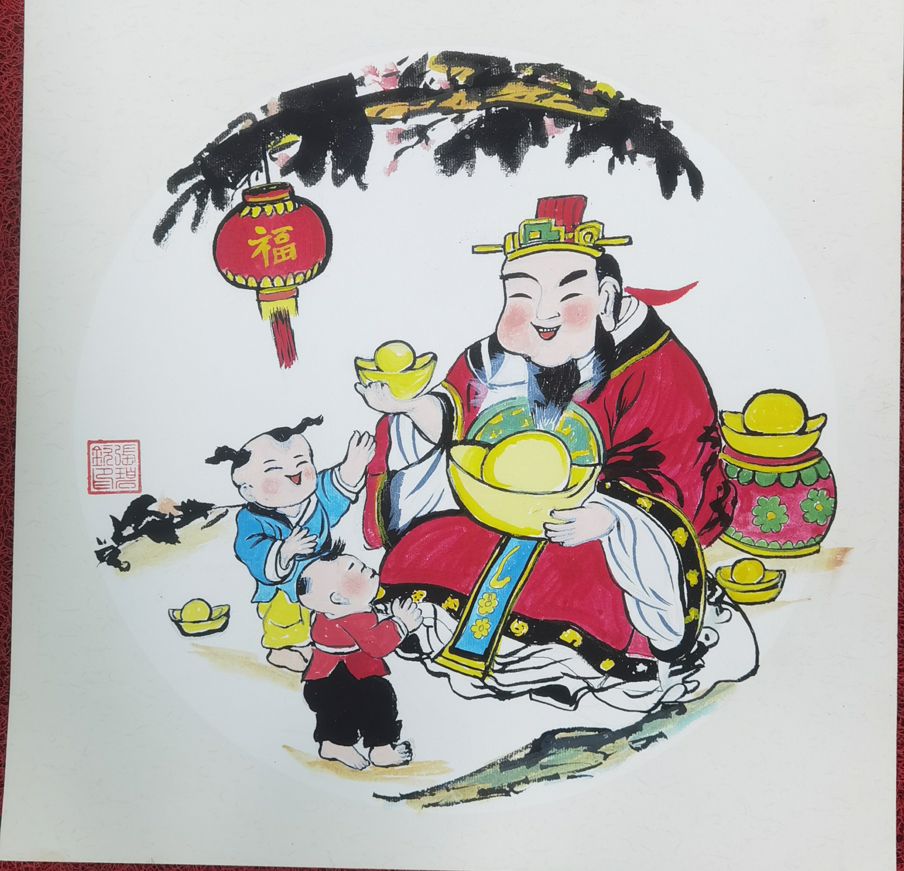 张碧钦画家以“多子多福”为主题的卡通风格手绘作品（年画）图片，画面包含多个可爱的孩子，有传统吉祥元素