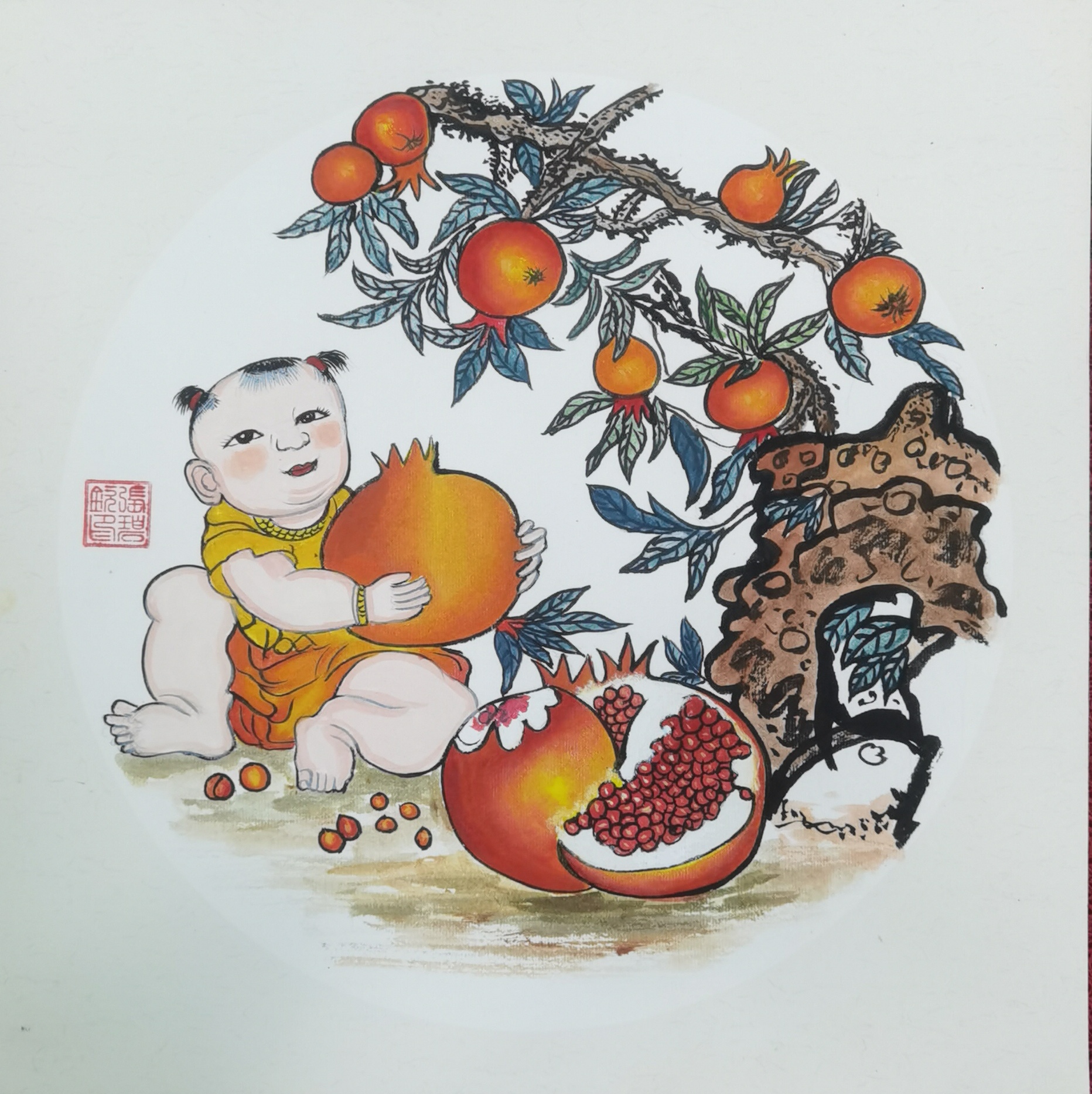 张碧钦画家以“多子多福”为主题的卡通风格手绘作品（年画）图片，画面包含多个可爱的孩子，有传统吉祥元素