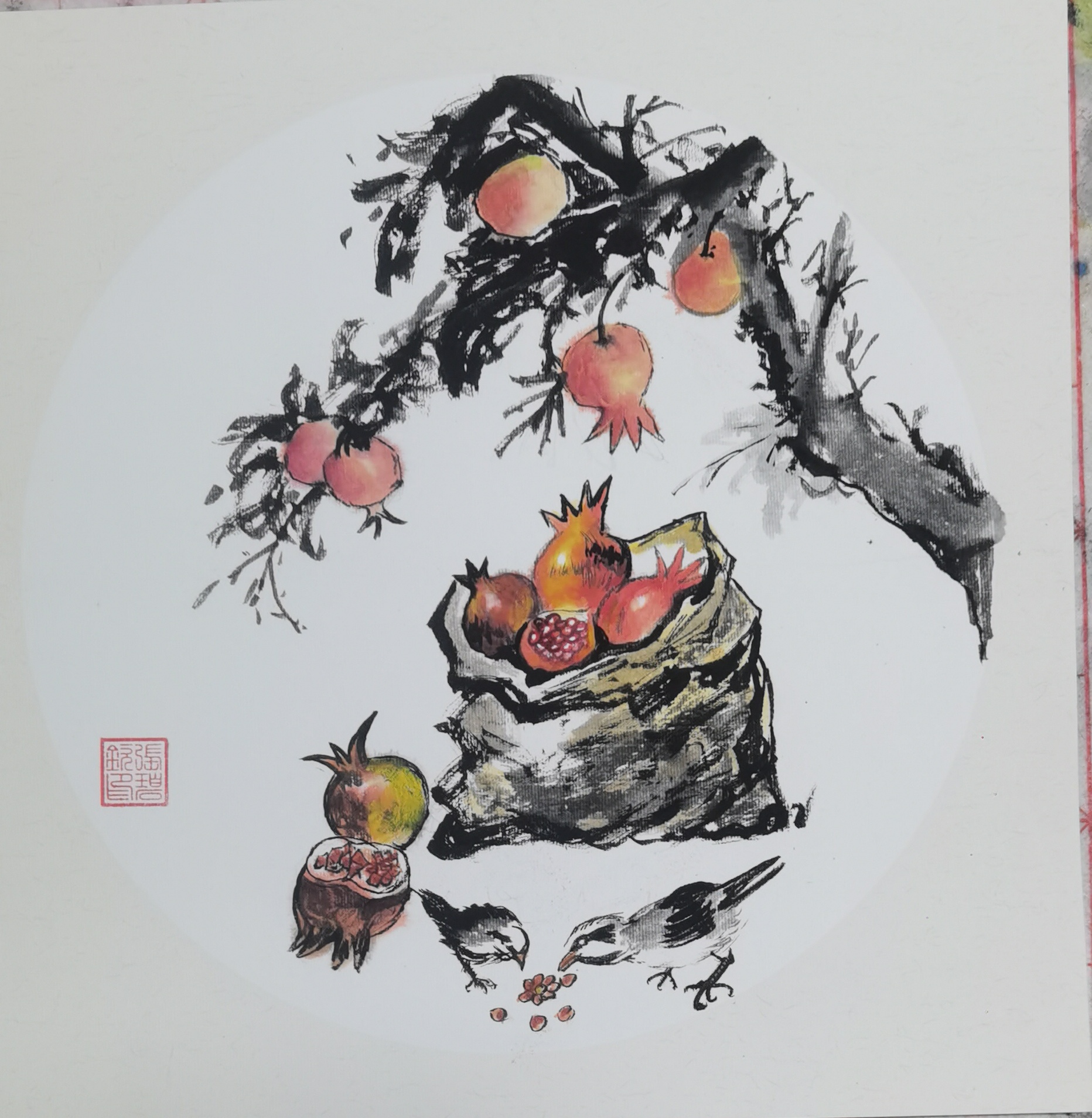 张碧钦画家以“多子多福”为主题的卡通风格手绘作品（年画）图片，画面包含多个可爱的孩子，有传统吉祥元素