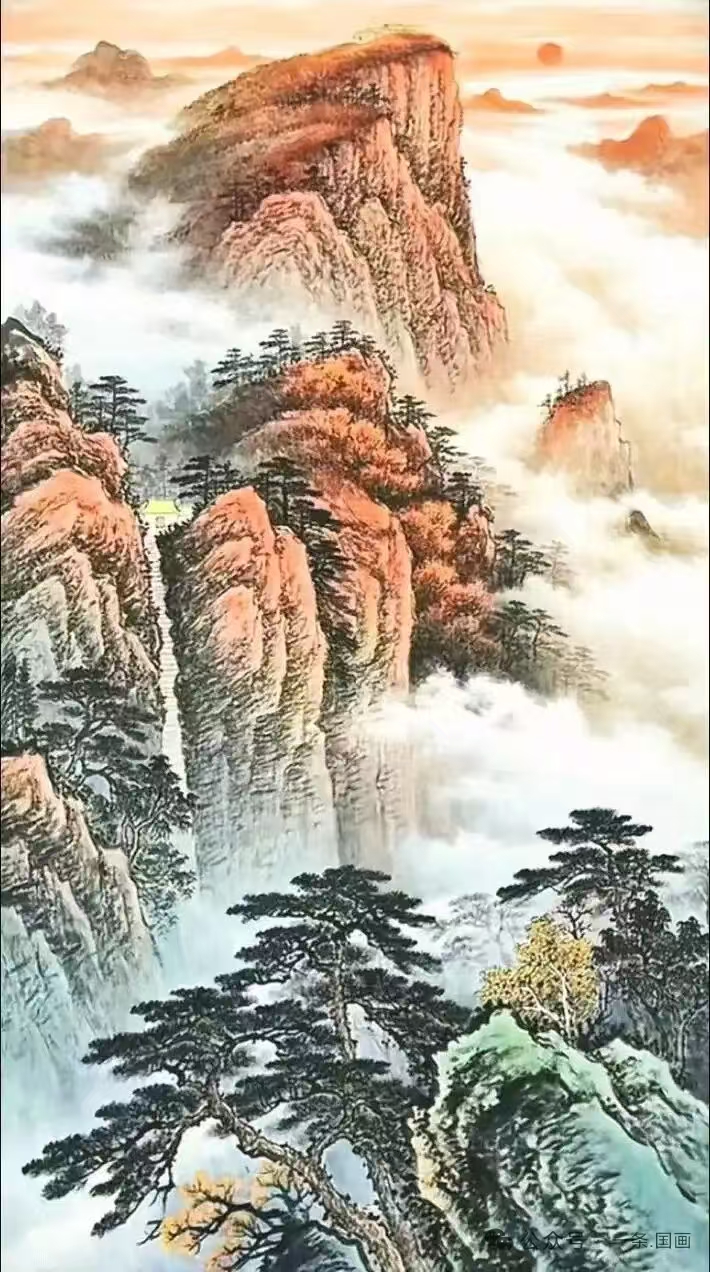 晴峰映日
   读黄山彩图
         frt
耸立群峰披彩霞，
烟缭雾拥簇清华。′
山中每见